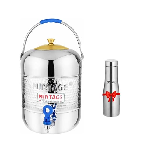 Mintage Water Pot Hammered + Free Water Bottle | Container 13 Liters Bottle 1 Liters | Steel Matka for Water Storage | Steel Container Pot for Drinking Water | Water Dispenser | Water Storage - Image 1