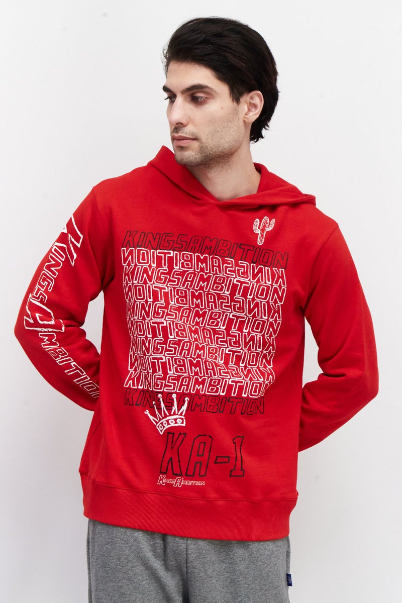 KA-1 Men Hooded Long Sleeve Graphic Print Sweatshirt, Red - Image 1