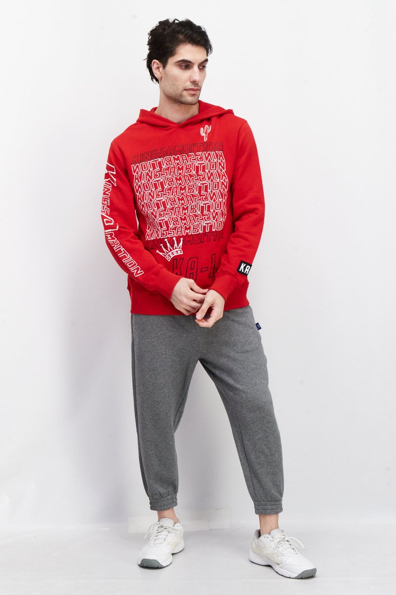 KA-1 Men Hooded Long Sleeve Graphic Print Sweatshirt, Red - Image 2