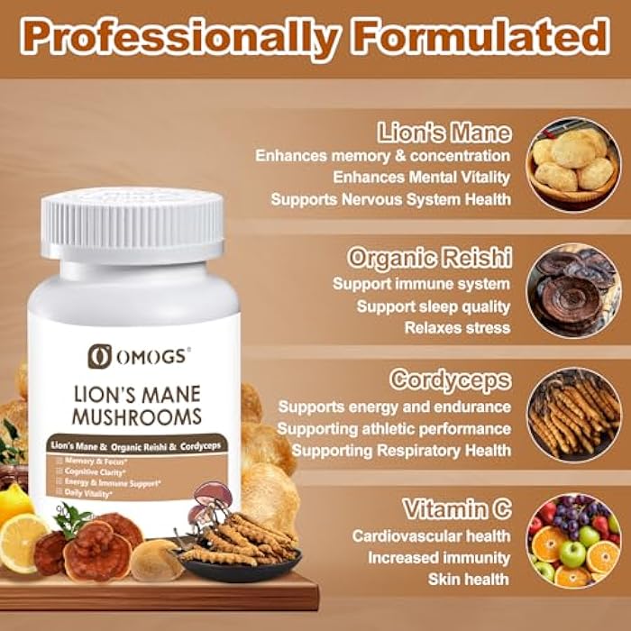 OMOGS Mushroom Complex Supplement Capsules 10:1 Extract, Lions Mane Supplement with Cordyceps, Reishi, for Brain Health, Memory Support, Focus & Immune System - Image 3