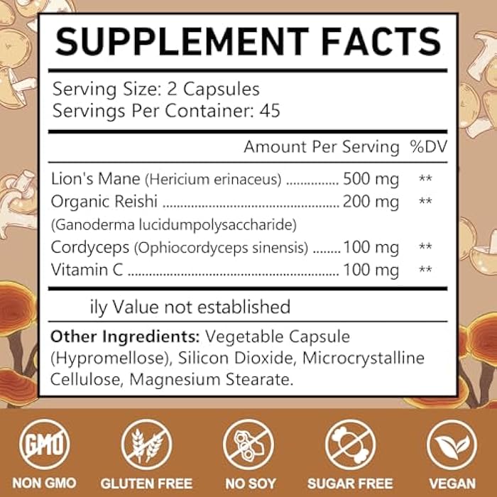 OMOGS Mushroom Complex Supplement Capsules 10:1 Extract, Lions Mane Supplement with Cordyceps, Reishi, for Brain Health, Memory Support, Focus & Immune System - Image 2