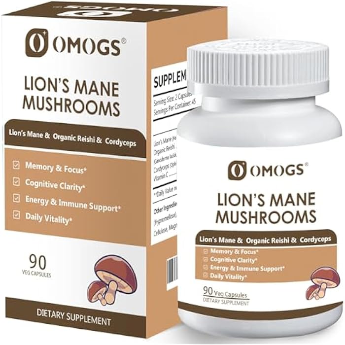 OMOGS Mushroom Complex Supplement Capsules 10:1 Extract, Lions Mane Supplement with Cordyceps, Reishi, for Brain Health, Memory Support, Focus & Immune System - Image 1
