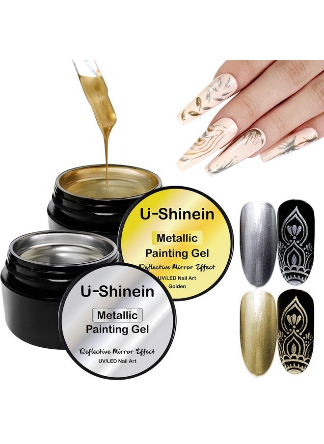 U-Shinein 2X8Ml Metallic Painting Gel Silver And Golden Painted Gel Nail Polish 3D Metal Painting Gel Drawing Mirror Nail Gel Polish Glossy French Acrylic Nail Painting Soak Off Uvled Diy Nail Art  - Image 1