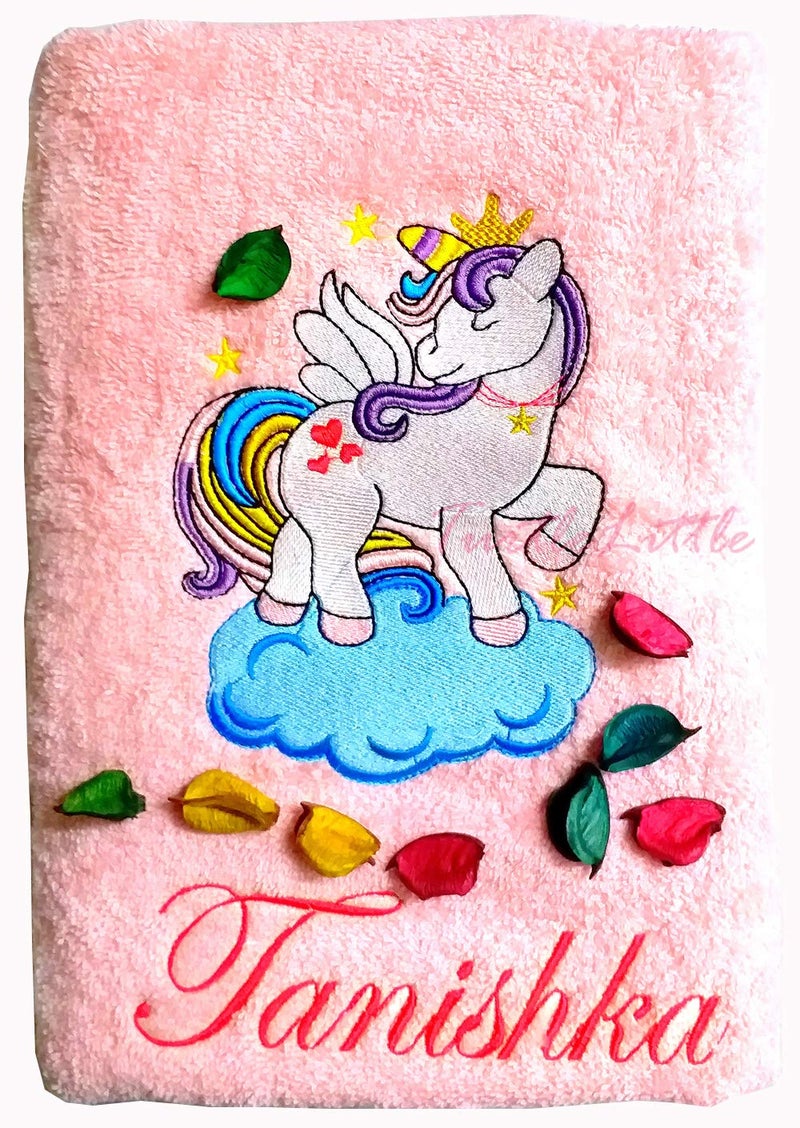 TurtleLittle, Cotton, Pony Unicorn on Cloud Personalised Kids Bath Towel, 500 GSM (Set of 1, Pink) - Image 1