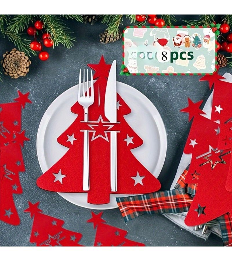 8 Red Felt Cutlery Pouches for Cozy Home Restaurant Table Decoration - Image 2