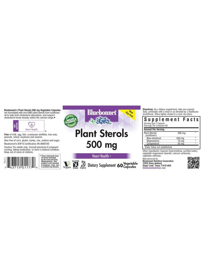 Bluebonnet Nutrition Plant Sterols 500mg, Supports Heart Health*, Gluten-Free, Non-GMO, Kosher, Dairy-Free, Vegan, 60 Vegetable Capsules, 60 Servings - Image 2