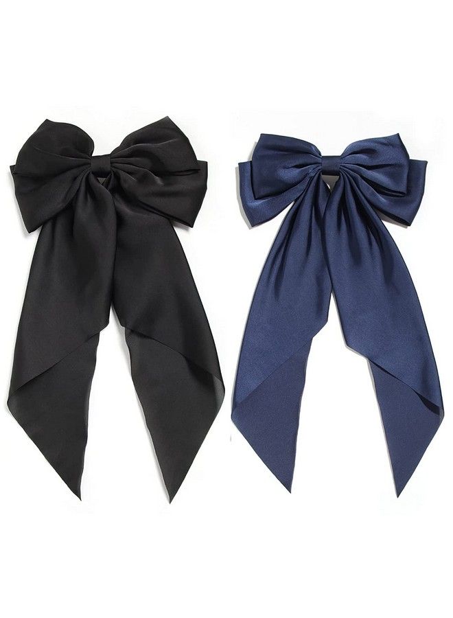 Ash & Roh Big Satin Layered Hair Bows For Women Girls 11 Inch Barrette Hair Clip Long Black Ribbon Bows French Style Hair Accessories (Blackblue) - Image 1