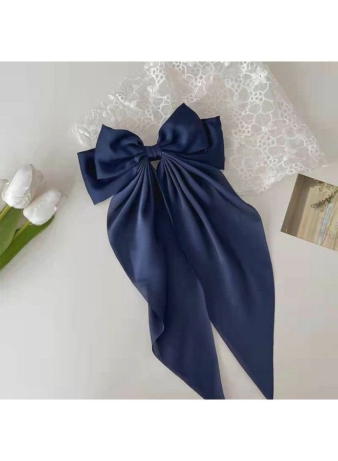 Ash & Roh Big Satin Layered Hair Bows For Women Girls 11 Inch Barrette Hair Clip Long Black Ribbon Bows French Style Hair Accessories (Blackblue) - Image 5