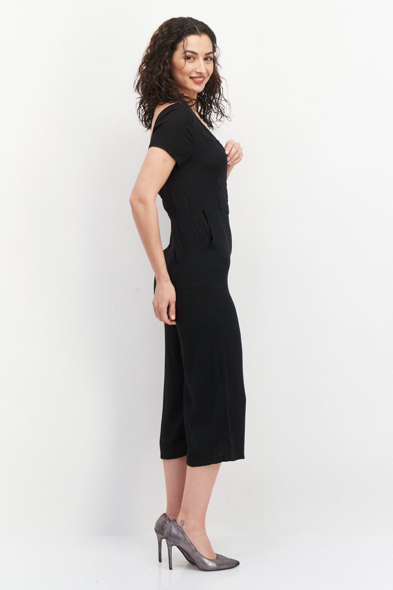 Tina Women Textured Short Sleeve Jumpsuit, Black - Image 2