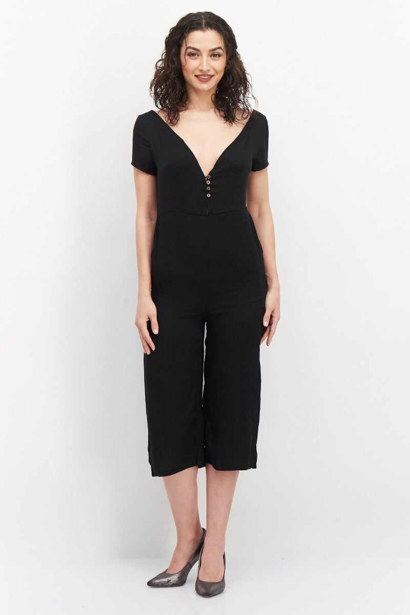 Tina Women Textured Short Sleeve Jumpsuit, Black - Image 1
