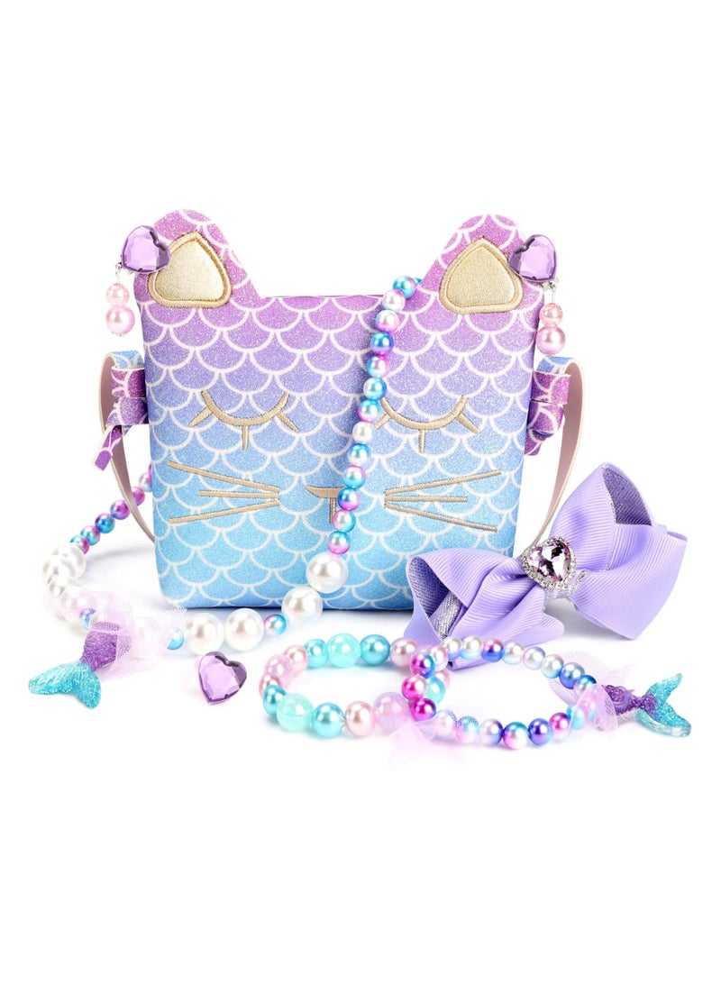 Little Girls' Purse with Dress-Up Jewelry – Cute Cat Shoulder Bag with Clip-On Earrings, Ring, Hair Clip, Necklace & Bracelet – Pretend Play Accessories for Kids  - Image 1