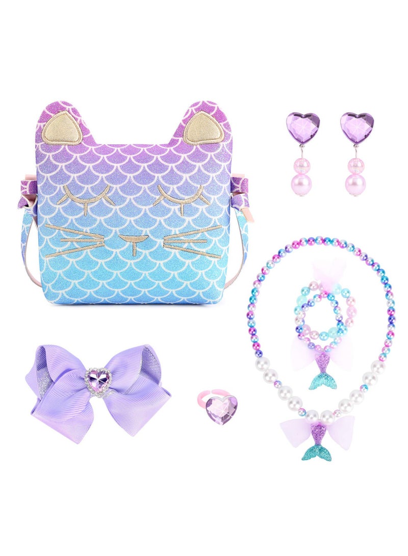 Little Girls' Purse with Dress-Up Jewelry – Cute Cat Shoulder Bag with Clip-On Earrings, Ring, Hair Clip, Necklace & Bracelet – Pretend Play Accessories for Kids  - Image 2