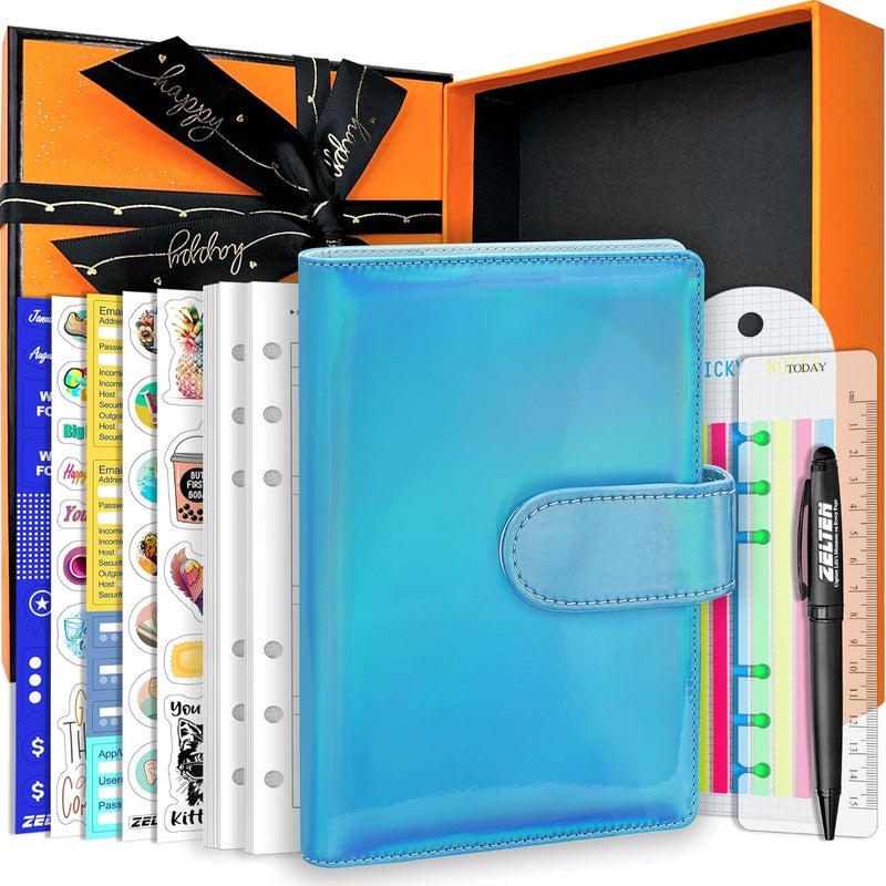 Zelten PU Leather Personal Notebook Planner with 80 Pages Loose-Leaf Papers 6 Holes Ring Binder Pen Holder Magnetic Buckle (Holographic Cyan, A6 Gift Box) - Image 1