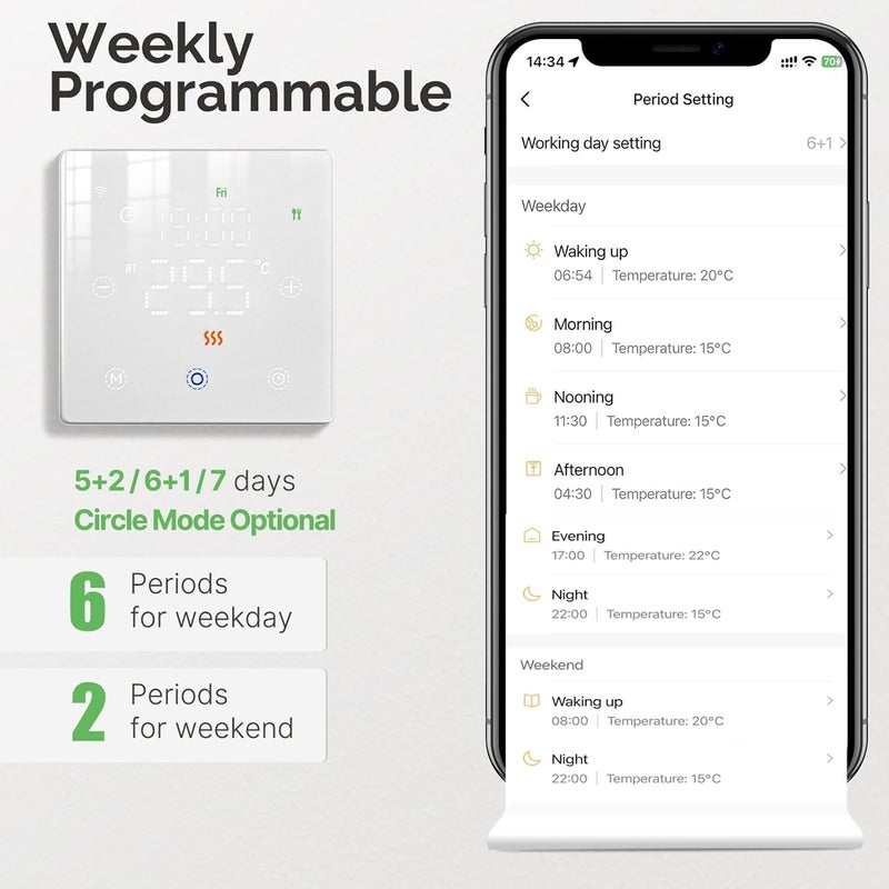 يمكن الربط كمجموعة منظم حرارة ذكي مع Zigbee، التحكم في تسخين مياه الغلاية، أبيض - حماية من الصقيع، التحكم الصوتي، تطبيق عن بعد للمنزل - Image 3