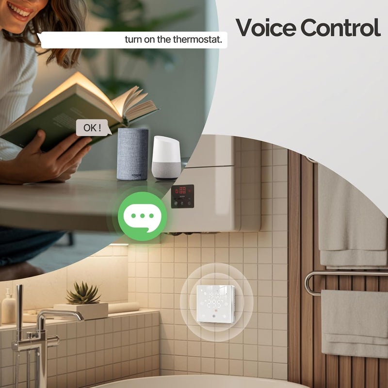 يمكن الربط كمجموعة منظم حرارة ذكي مع Zigbee، التحكم في تسخين مياه الغلاية، أبيض - حماية من الصقيع، التحكم الصوتي، تطبيق عن بعد للمنزل - Image 4