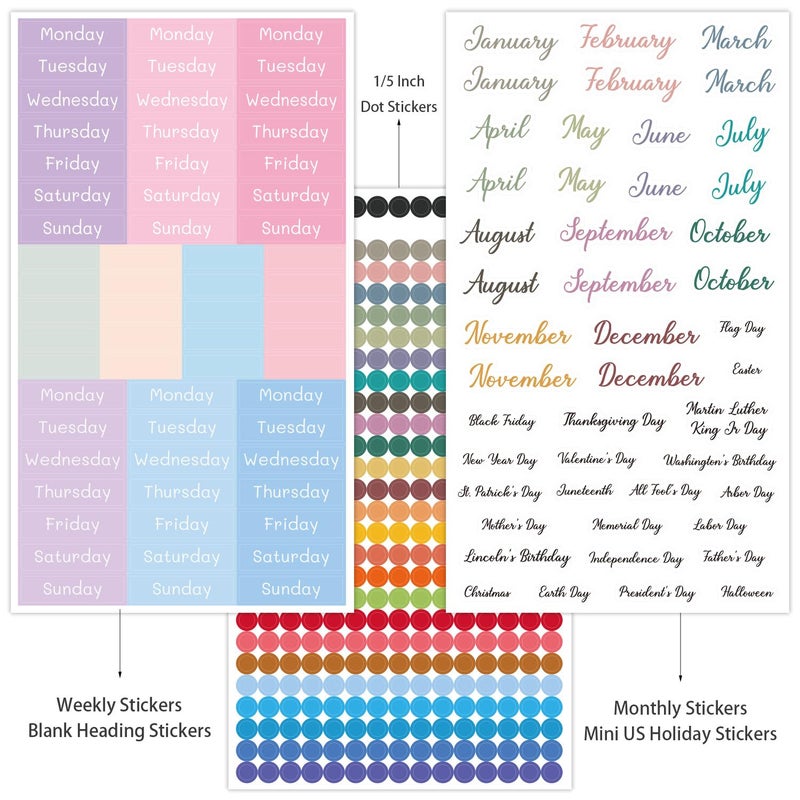 Obujopal 1917 Pcs Date Dot Stickers for Daily Planner Calendar Bullet Journal Notebook, Monthly Weekly Headings, Dates, Icons, 1/5 inch Dots, 9 Sheets - Image 3