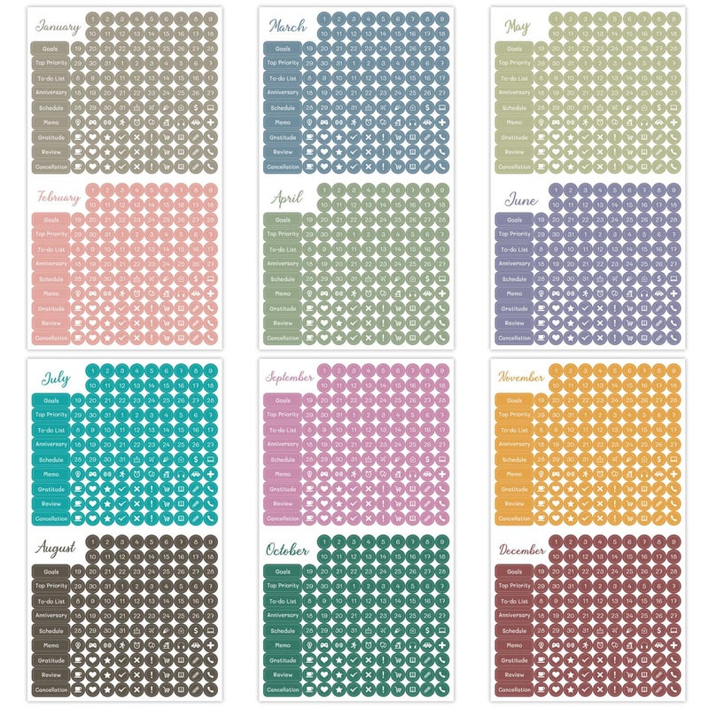 Obujopal 1917 Pcs Date Dot Stickers for Daily Planner Calendar Bullet Journal Notebook, Monthly Weekly Headings, Dates, Icons, 1/5 inch Dots, 9 Sheets - Image 2