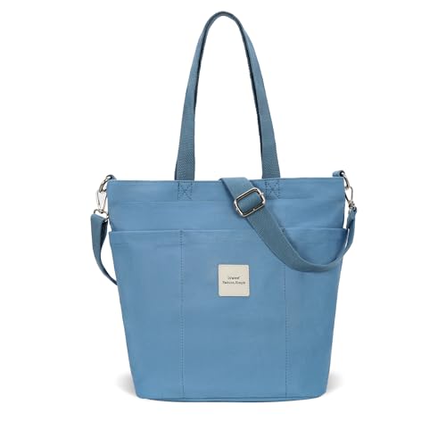 Iswee Canvas Tote Bag with Zipper Multi Pockets Tote Purse for Women Fashion Crossbody Tote Shoulder Bag Handbag Everyday Bag(Blue) - Image 1