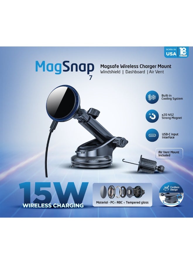 IQ TOUCH IQ TOUCH 15W MagSafe Wireless Charging Mount – MAGSNAP-7 | Windshield, Dashboard & Air Vent Mount | Strong X20 N52 Magnet, Cooling Tech, USB-C Input, 360° Cordless Rotation – PC+ABS+Tempered Design  - Image 5