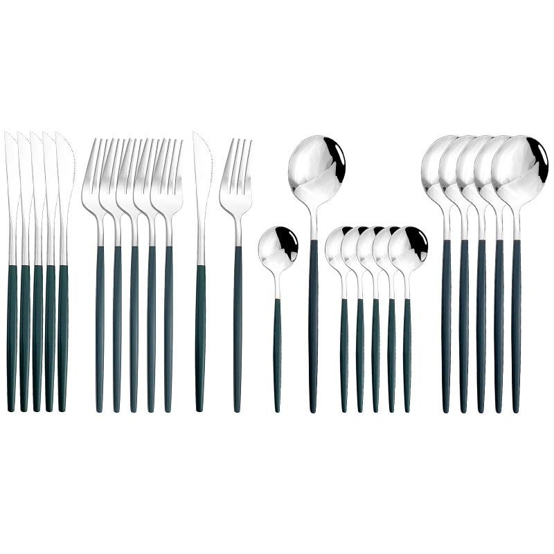 JASHII Flatware Serving Set 24 Piece Stainless Steel Silverware Set Green Silver Cutlery Set Modern Elegant Tableware Set for Party Christmas Dinner Green Silver