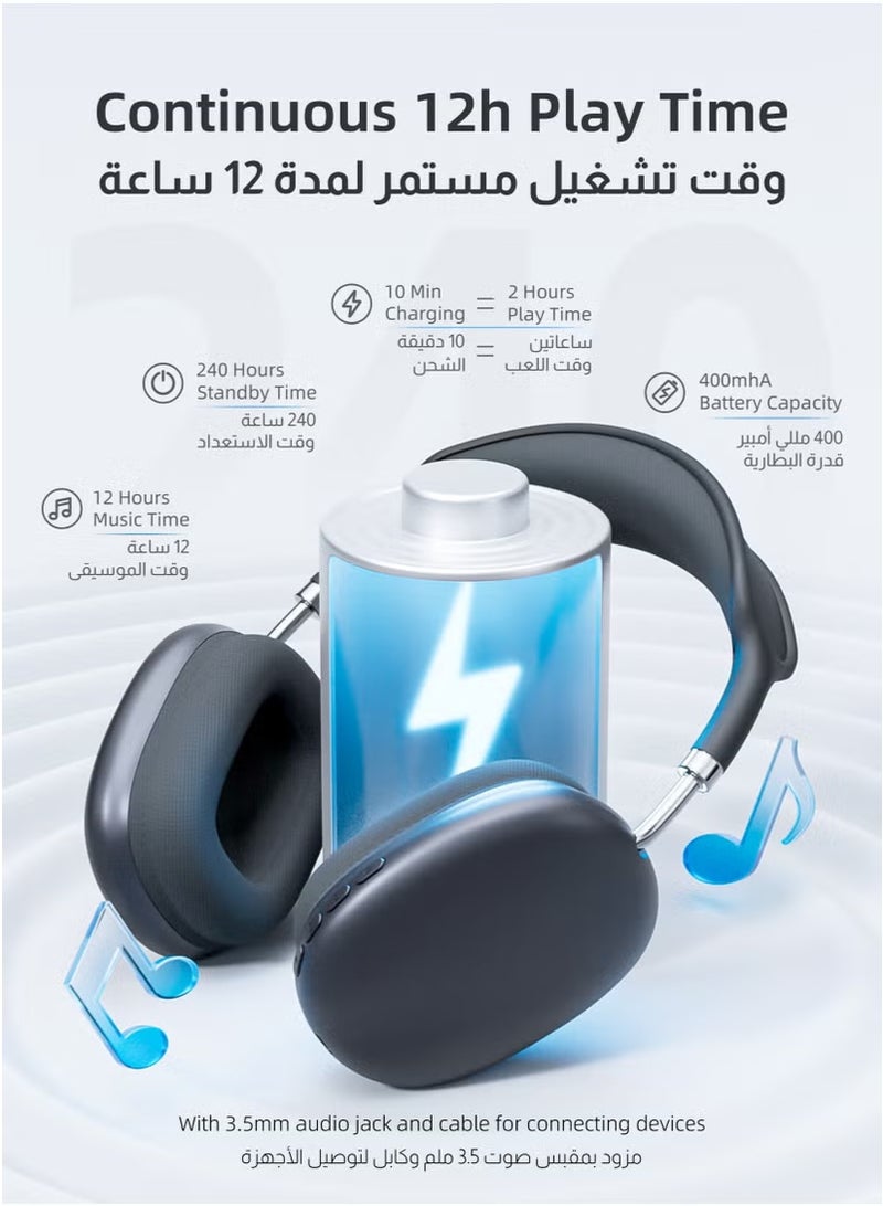 ULHYC Bluetooth 5.3 Wireless Headset Over-Ear Headphone,With 3.5mm Wired Connection,4 Mic,Call Noise Reduction,Adjustable headband, Hifi Bass,Wearing Detection Earphone With Protective Leather Case Black - Image 3