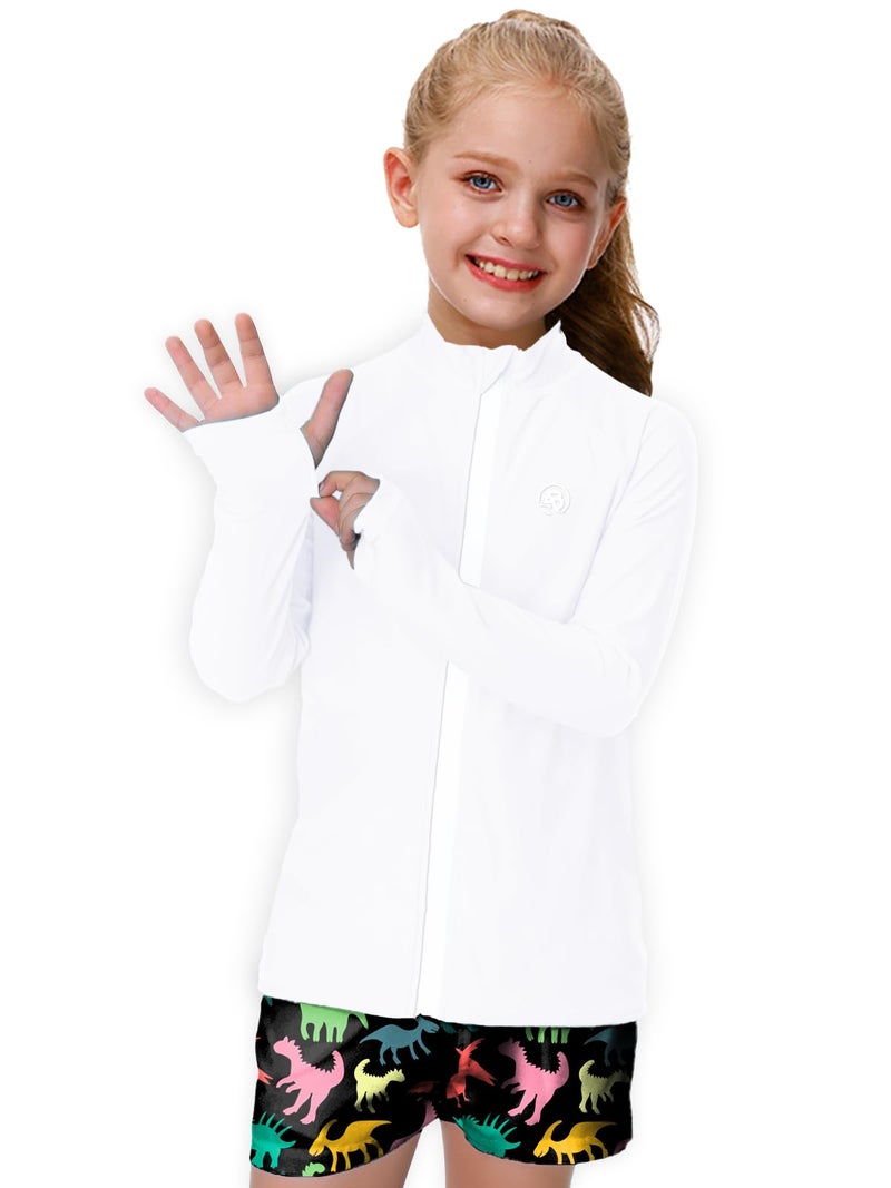 AOBUTE Rash Guard Shirt for Boys Girls Sun UPF 50+ Kids Long Sleeve Zipper Swim Shirts with Thumbholes White 11-12Y - Image 2