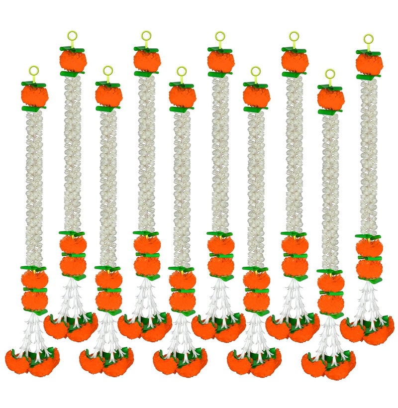iHandikart iHandikart Jasmine Artificial Garland with Marigold Flowers Tuberose Diwali Decoration for Home Decor White Garland for Decoration Color Orange Pack of 10 3330210  - Image 1