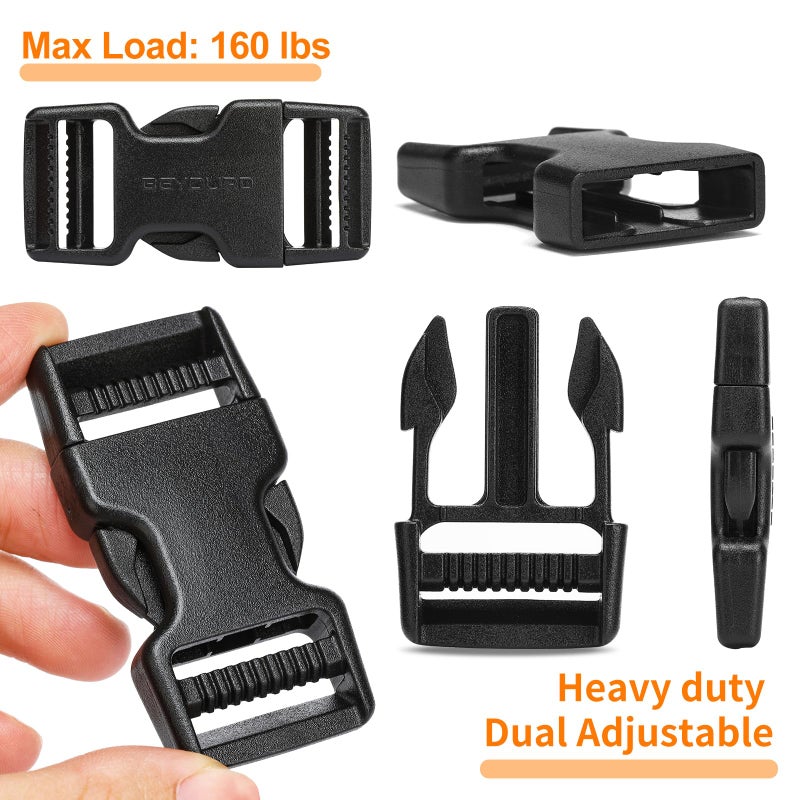 BEYOURD Buckles and Straps Set 1": 6 Yards of Thick Nylon Webbing, 6-Pack Heavy Duty Adjustable Quick Side Release Plastic Buckles, 12 Tri-Glide Slide Clips, Black (1-Inch Combo Set) - Image 3