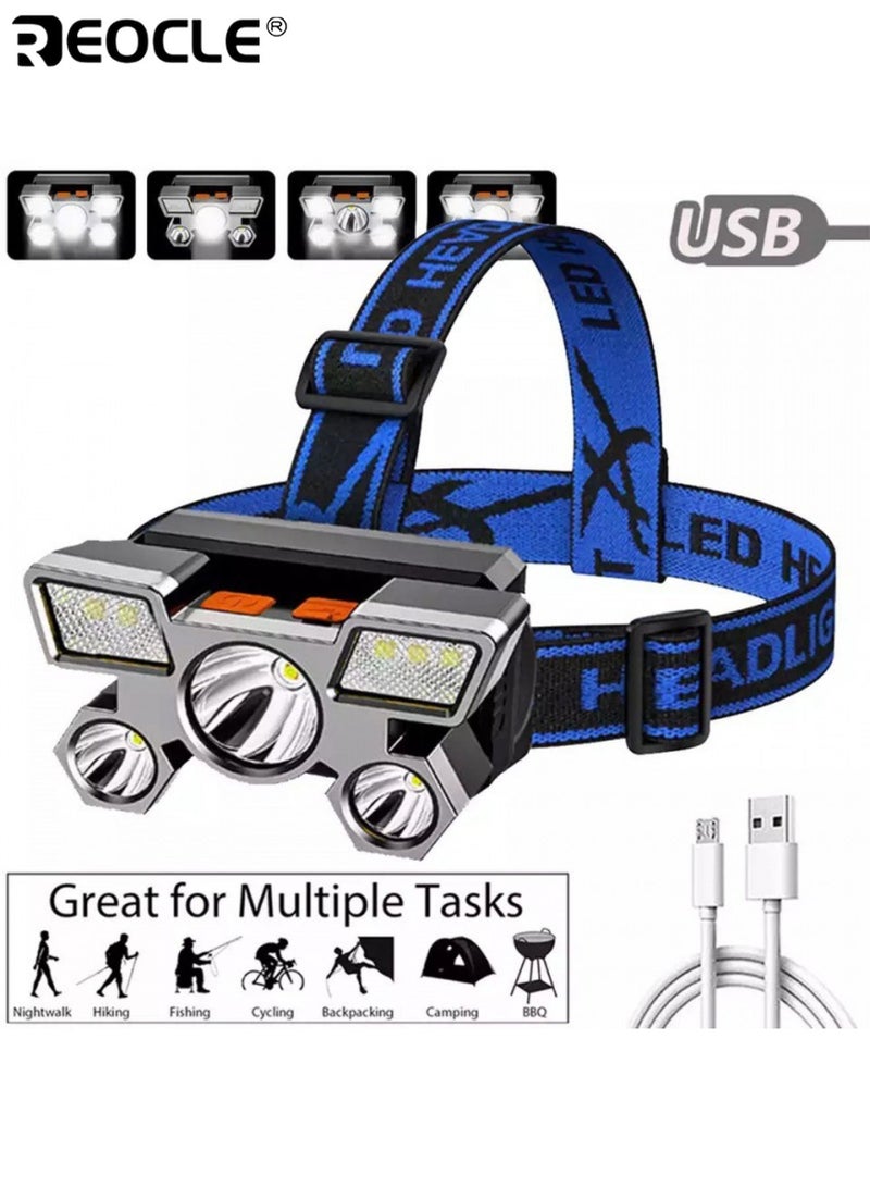 REOCLE 3-Level Adjustable Headlamp Portable Mining Light with USB Cable Rechargeable Tactical Flashlight Long Battery Working Light Head Light for Travel Camping Fishing Hunting - Image 1