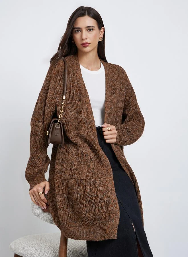 Styli Coffee Brown Longline Multi Yarn Knit Cardigan