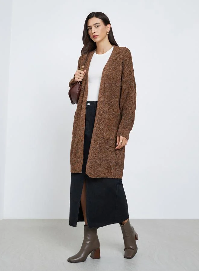 Styli Styli Coffee Brown Longline Multi Yarn Knit Cardigan