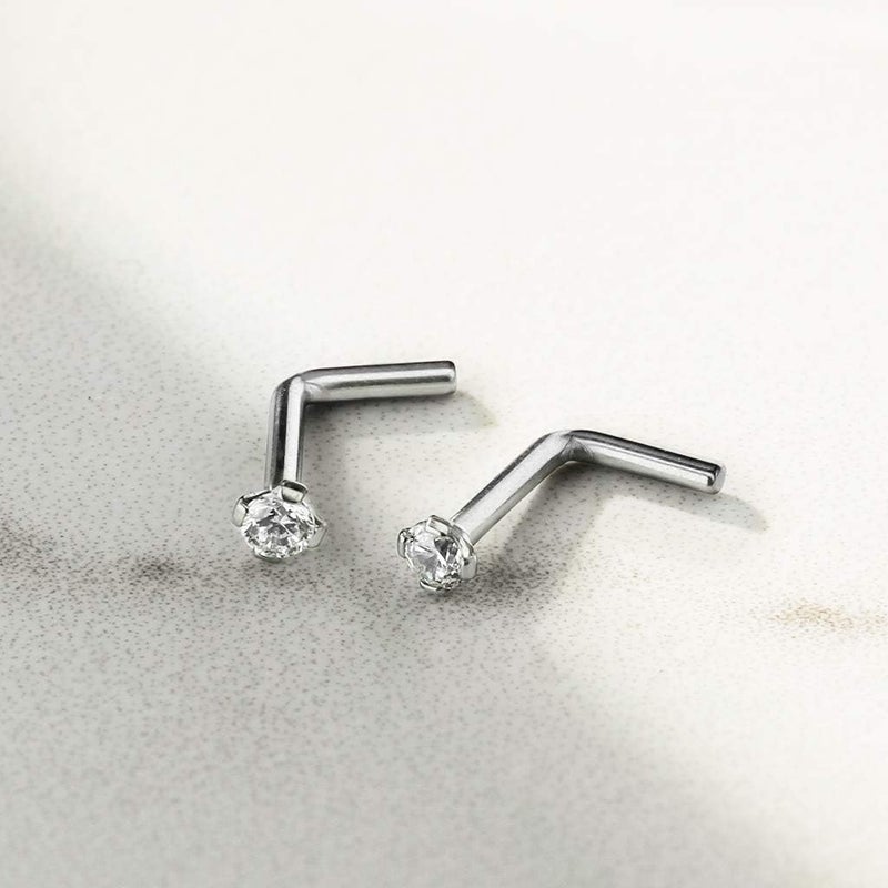 FifthCue Solid Titanium L Bend Nose Stud Ring with Prong Set CZ Gem - Image 2
