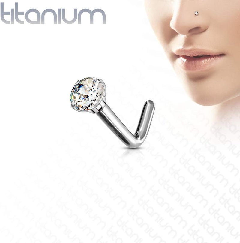 FifthCue Solid Titanium L Bend Nose Stud Ring with Prong Set CZ Gem - Image 4