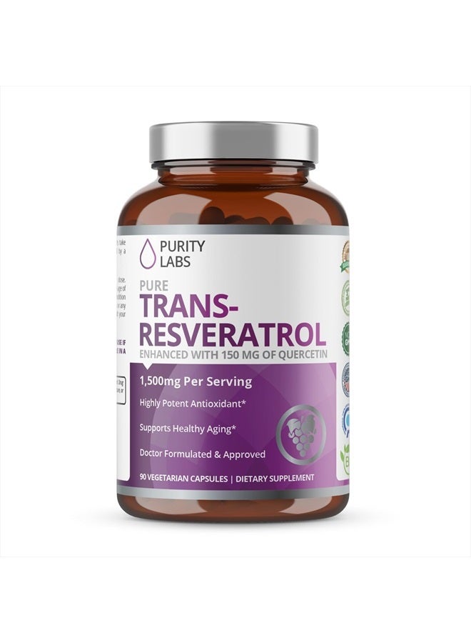 Purity Labs Pure Trans-Resveratrol Supplement + Quercetin 1500mg, Vegan Supplements for Heart, Skin Hair Nails, Anti Aging Antioxidant Supplement 90ct  - Image 1