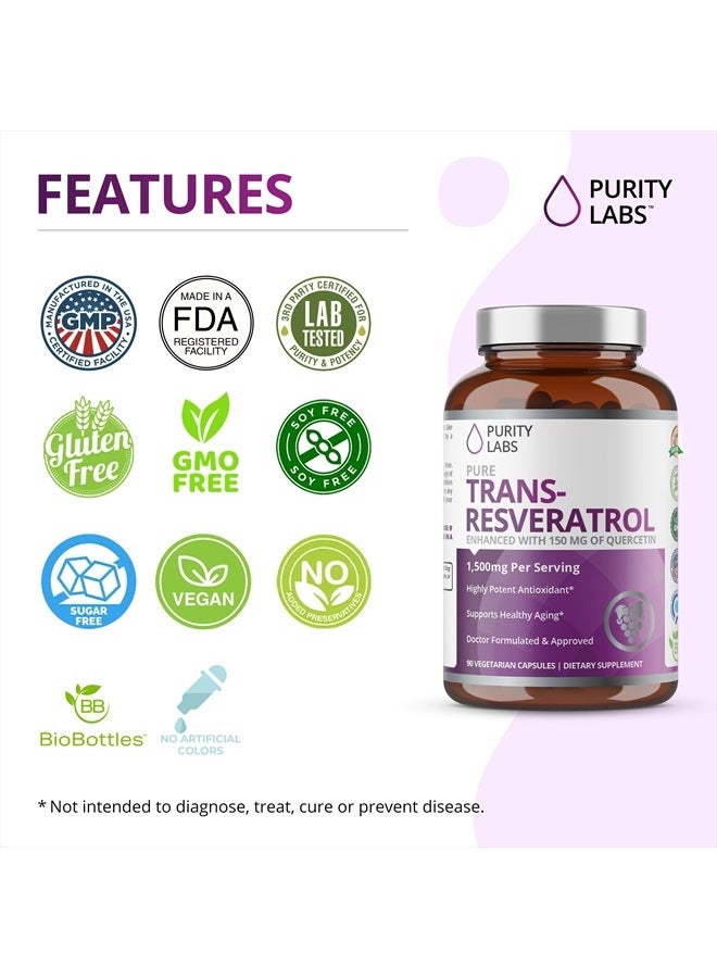 Purity Labs Pure Trans-Resveratrol Supplement + Quercetin 1500mg, Vegan Supplements for Heart, Skin Hair Nails, Anti Aging Antioxidant Supplement 90ct  - Image 4