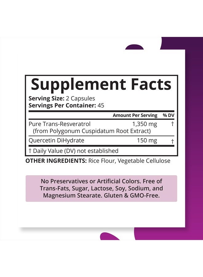 Purity Labs Pure Trans-Resveratrol Supplement + Quercetin 1500mg, Vegan Supplements for Heart, Skin Hair Nails, Anti Aging Antioxidant Supplement 90ct  - Image 2