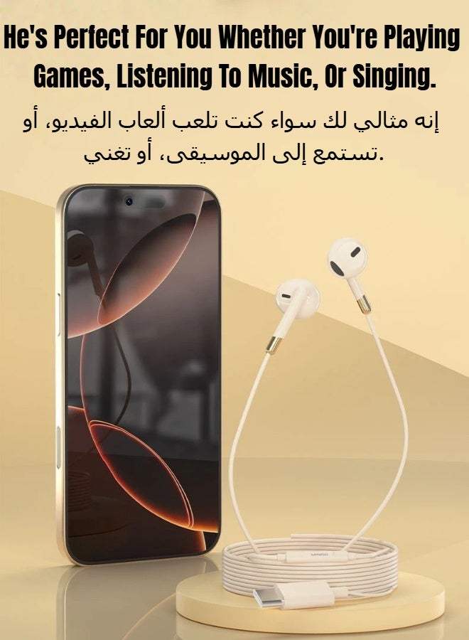 ريماكس سماعات أذن سلكية نصف داخلية من النوع C، مزودة بميكروفون مدمج للمكالمات، سماعات مريحة بجودة صوت الفينيل، للهواتف وأجهزة الكمبيوتر المحمولة، لون بيج مشمشي - Image 4