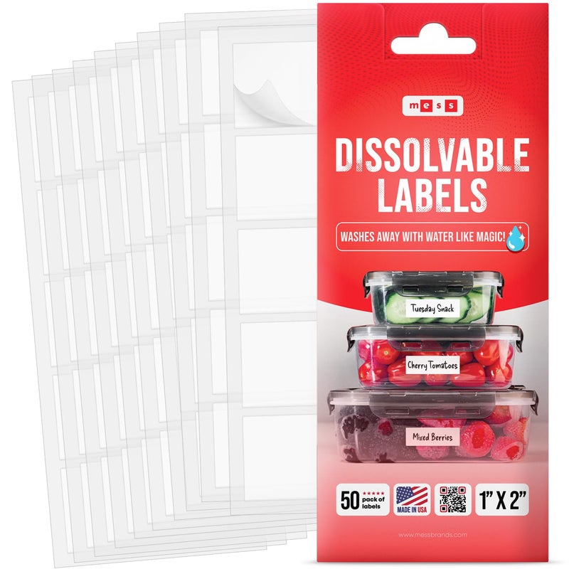 MESS Dissolvable Food Labels, Blank 1x2, 50/Roll - Dissolves in 30 Seconds or Less - Removable Pantry, Meal Prep & Food Storage Labels â€“ Canning & Freezer Use - Image 1