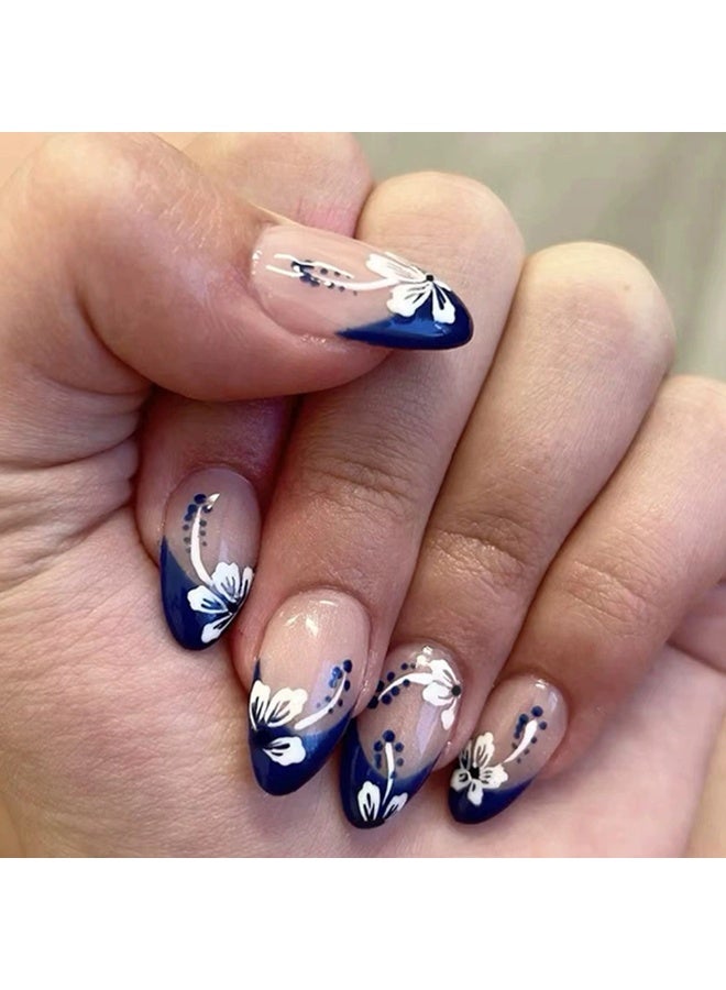 Goolsky أظافر لوزية قابلة للتثبيت من اللوز الفاخر مع حواف فرنسية زرقاء وزهور ه hibiscus البيضاء للانتعاش الراقي - Image 1