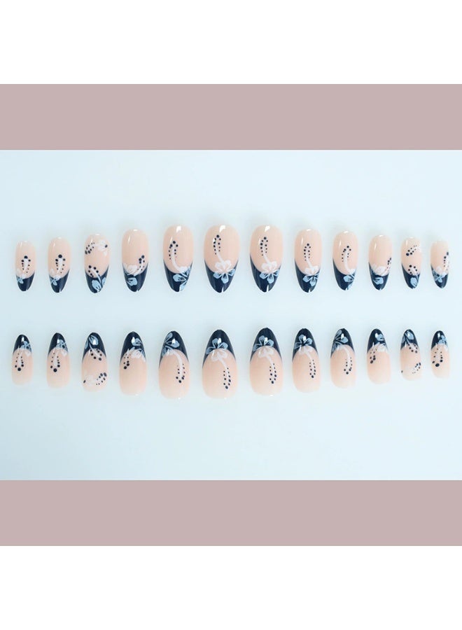 Goolsky أظافر لوزية قابلة للتثبيت من اللوز الفاخر مع حواف فرنسية زرقاء وزهور ه hibiscus البيضاء للانتعاش الراقي - Image 5