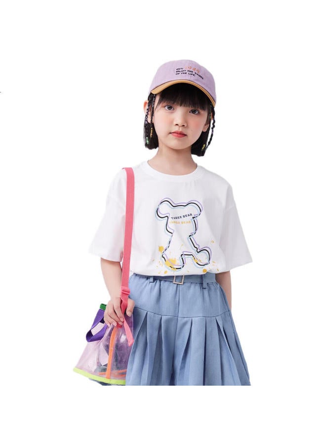 QQ DUCK تي شيرت قصير الأكمام للأطفال من كيو كيو دك، ملابس صيفية للبنات، سويت شيرت، ملابس طلابية وشبابية، تي شيرت دب، أبيض، مقاس 150 - Image 1
