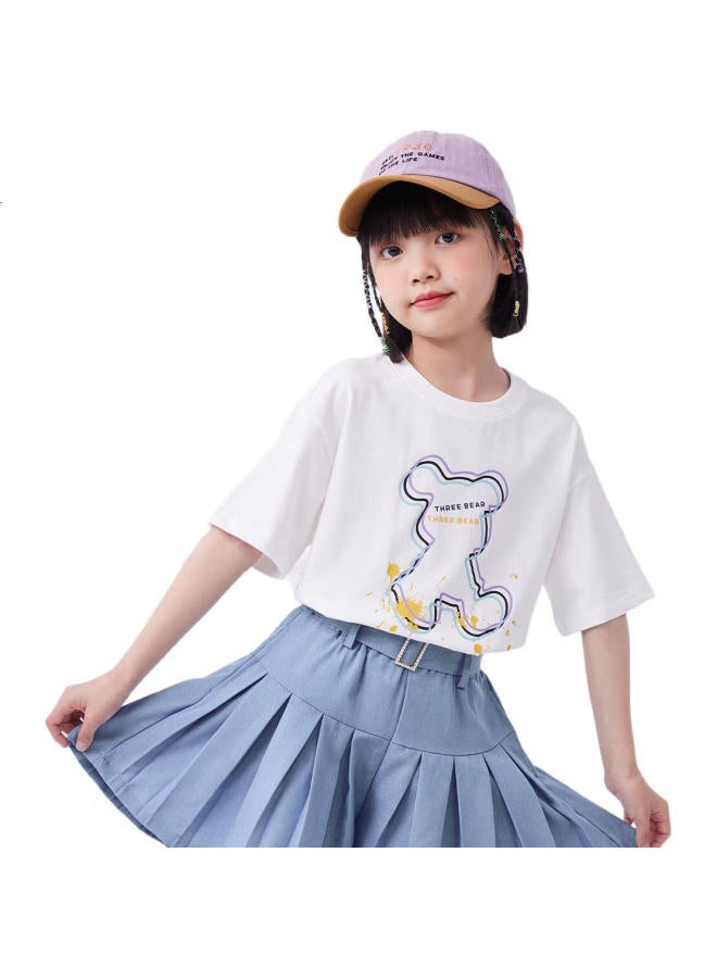 QQ DUCK تي شيرت قصير الأكمام للأطفال من كيو كيو دك، ملابس صيفية للبنات، سويت شيرت، ملابس طلابية وشبابية، تي شيرت دب، أبيض، مقاس 150 - Image 3