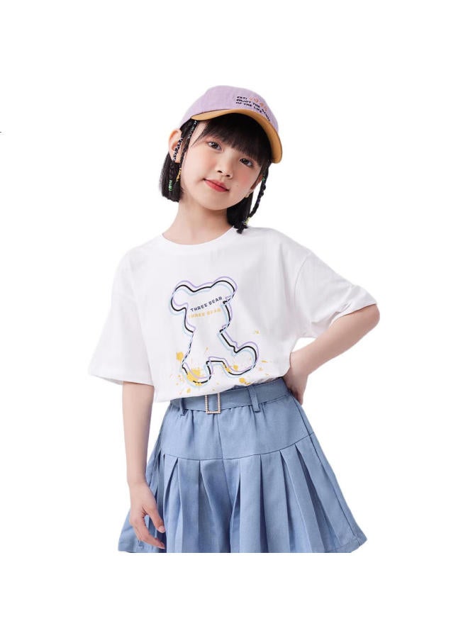 QQ DUCK تي شيرت قصير الأكمام للأطفال من كيو كيو دك، ملابس صيفية للبنات، سويت شيرت، ملابس طلابية وشبابية، تي شيرت دب، أبيض، مقاس 150 - Image 2