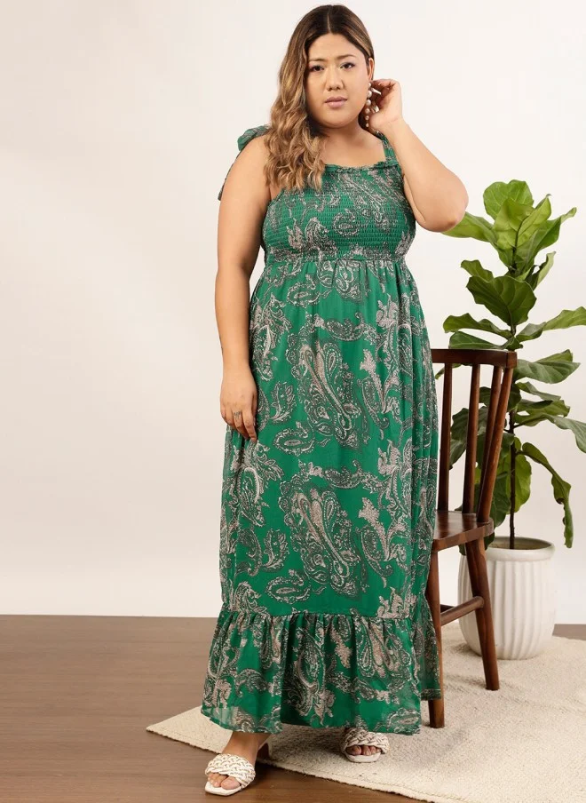 CURVY STREET Plus Size Green Ethnic Motifs Maxi Dress for Women