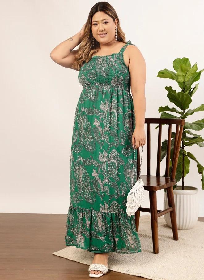 CURVY STREET Plus Size Green Ethnic Motifs Maxi Dress for Women