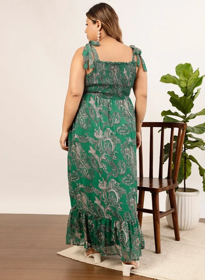 CURVY STREET Plus Size Green Ethnic Motifs Maxi Dress for Women