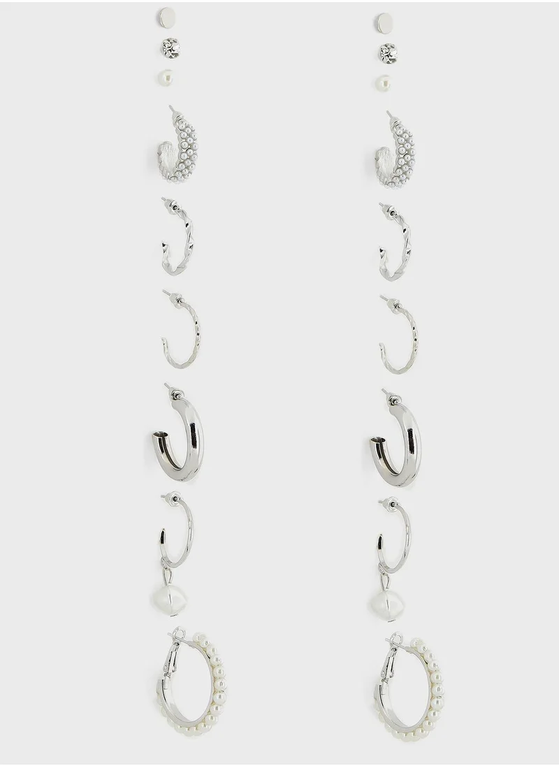 ELLA 9 Pair Mix Stud Pearl Hoop Earring Set