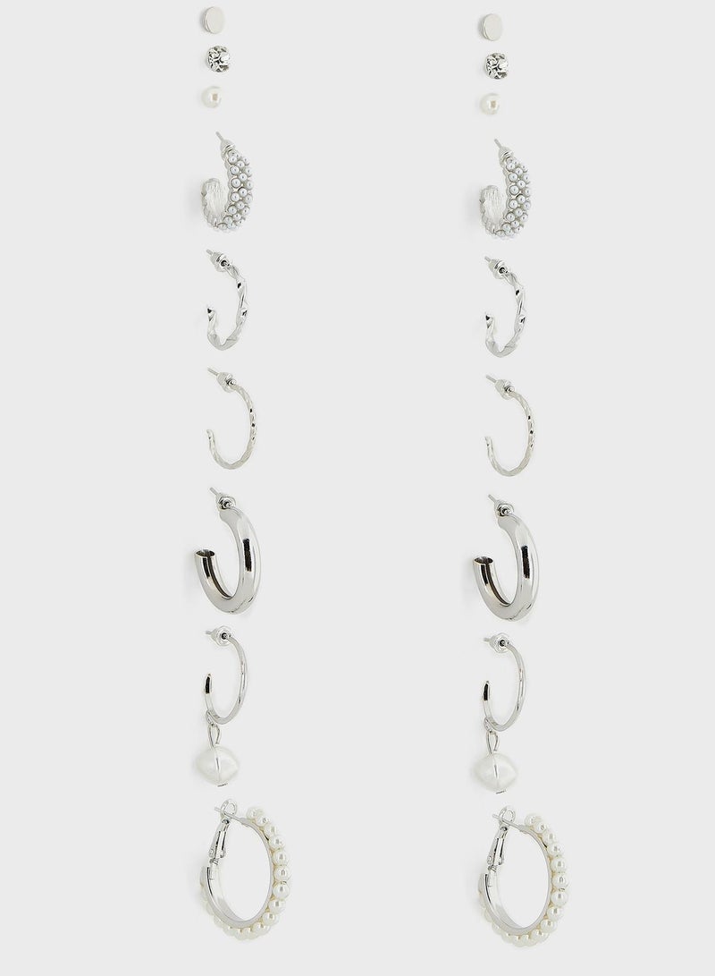 ELLA 9 Pair Mix Stud Pearl Hoop Earring Set - Image 1