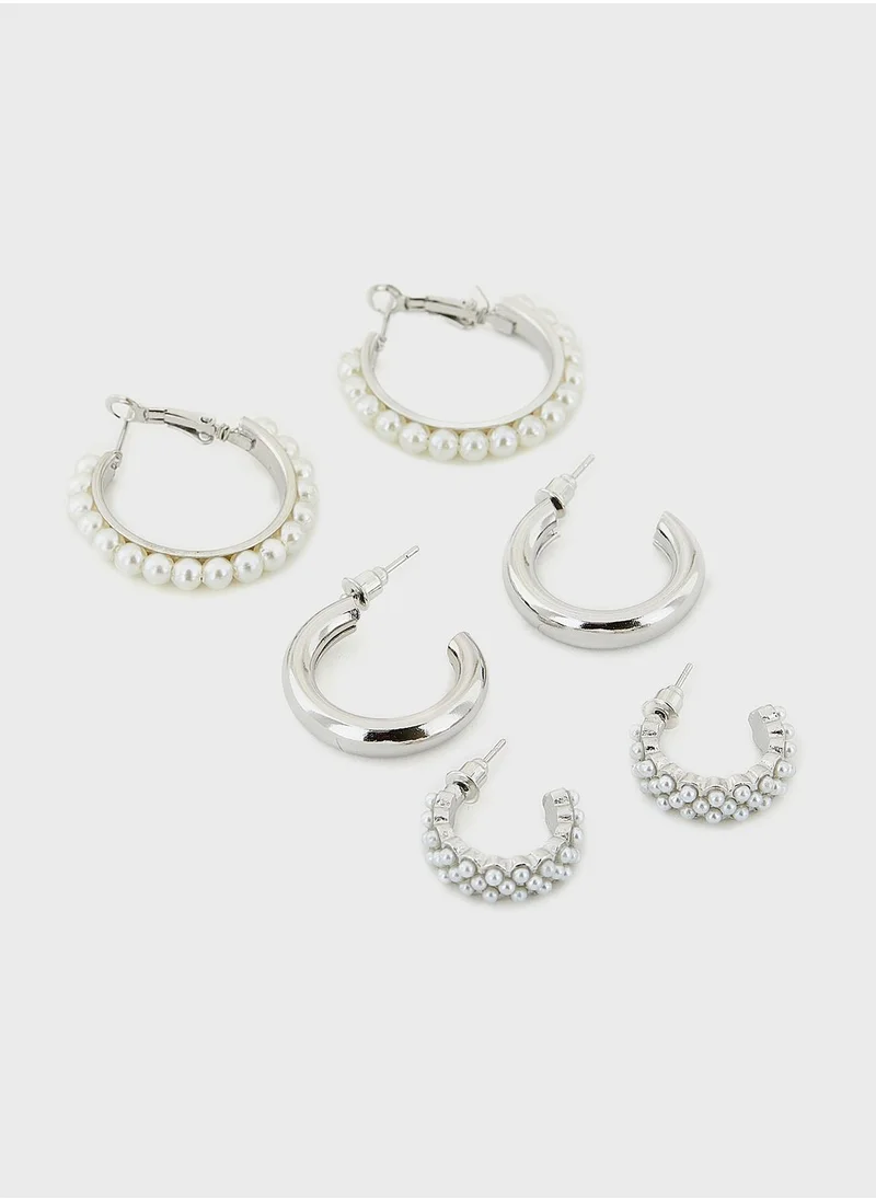 ELLA 9 Pair Mix Stud Pearl Hoop Earring Set