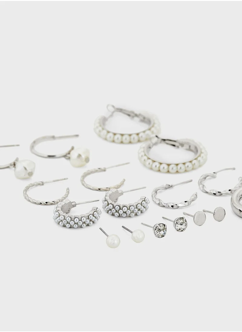 ELLA 9 Pair Mix Stud Pearl Hoop Earring Set